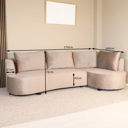 Hoekbank Lando rond taupe velvet 270cm rechts