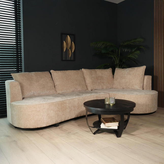 Hoekbank rond Lando 270cm bank met ronding beige chenille bankstel rechts loungebank