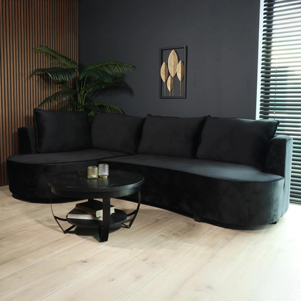 Hoekbank rond Lando 270cm bank met ronding zwart velvet bankstel links loungebank