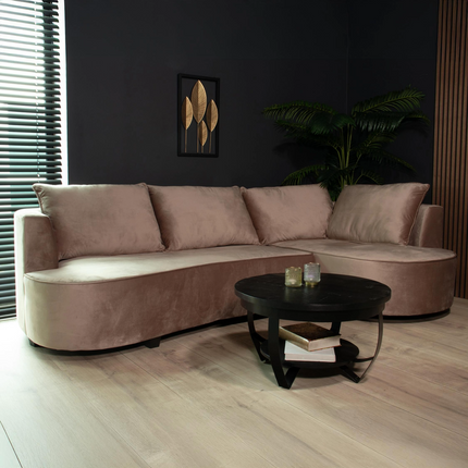 Hoekbank rond Lando 270cm bank met ronding taupe velvet bankstel rechts loungebank