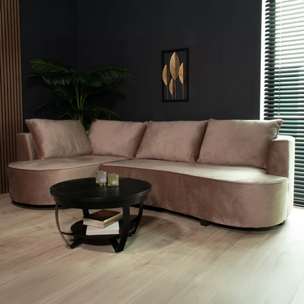 Hoekbank rond Lando 270cm bank met ronding taupe velvet bankstel links loungebank