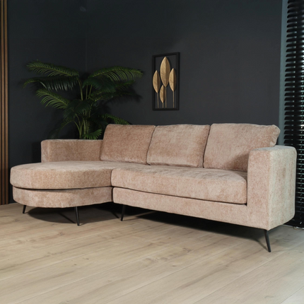 Hoekbank rond design Nox 250cm bank met ronding taupe chenille bankstel links loungebank