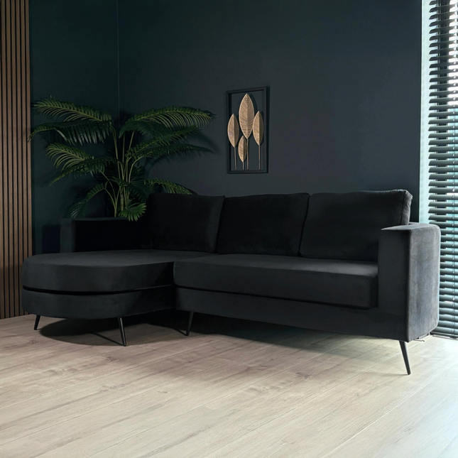 Hoekbank rond design Nox 250cm bank met ronding zwart velvet bankstel links loungebank