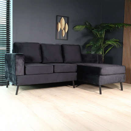 Hoekbank design Venna 200cm bank zwart velvet loungebank zowel links als rechts bankstel