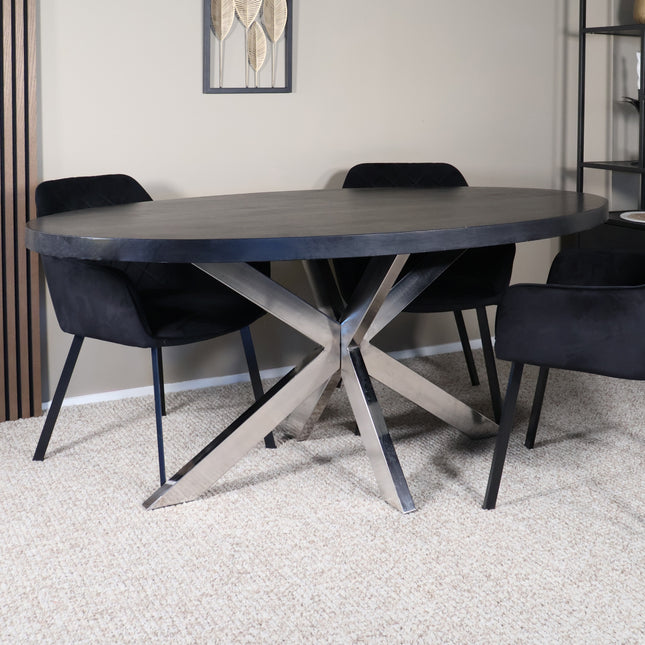 Eettafel Lucas ovaal 180cm zwart met zilver mangohout
