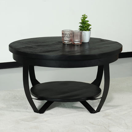 Salontafel rond mangohout zwart side table industrieel duurzaam massief hout mango bijzettafel