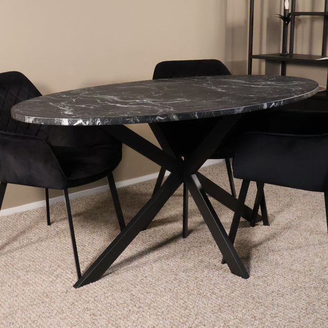Eettafel marmerlook Jovi ovaal 160cm zwart MDF