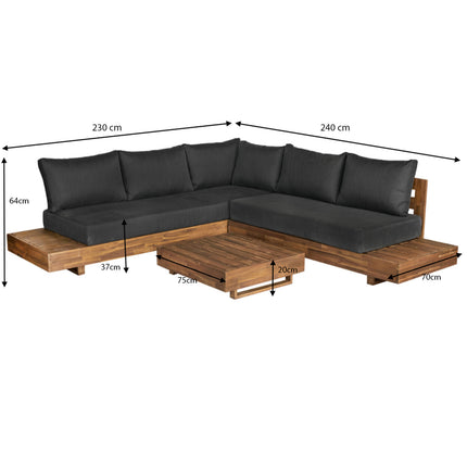 Loungebank tuin set met tafel Charlie antraciet acaciahout 230cm
