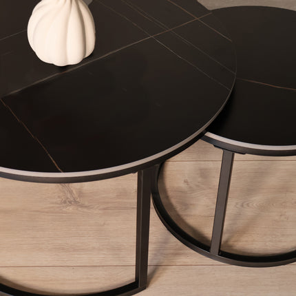 Salontafel marmerlook rond 2delig zwart steen Bero