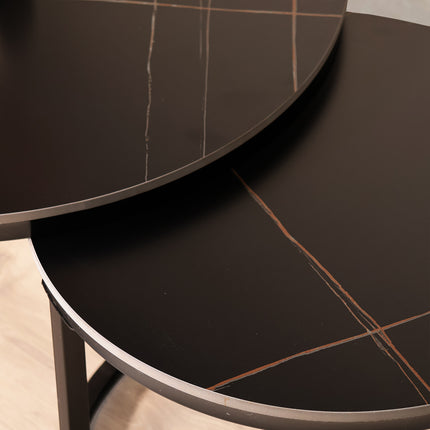 Salontafel marmerlook rond 2delig zwart steen Bero