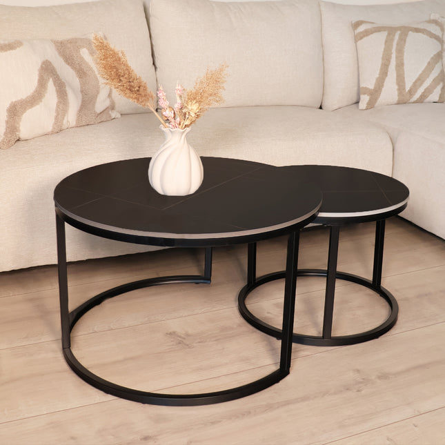 Salontafel marmerlook rond 2delig zwart steen Bero