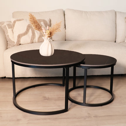 Salontafel marmerlook rond 2delig zwart steen Bero