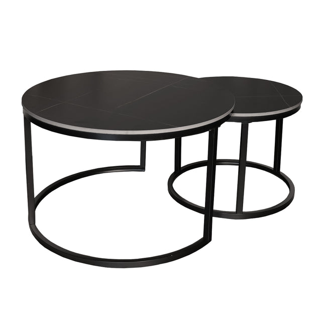 Salontafel marmerlook rond 2delig zwart steen Bero