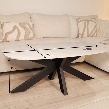 Salontafel deens ovaal marmerlook wit steen 120cm Elif