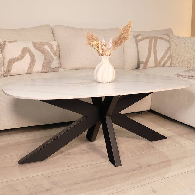 Salontafel deens ovaal marmerlook wit steen 120cm Elif