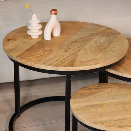 Salontafel rond 3delig lichtbruin mangohout Jaell