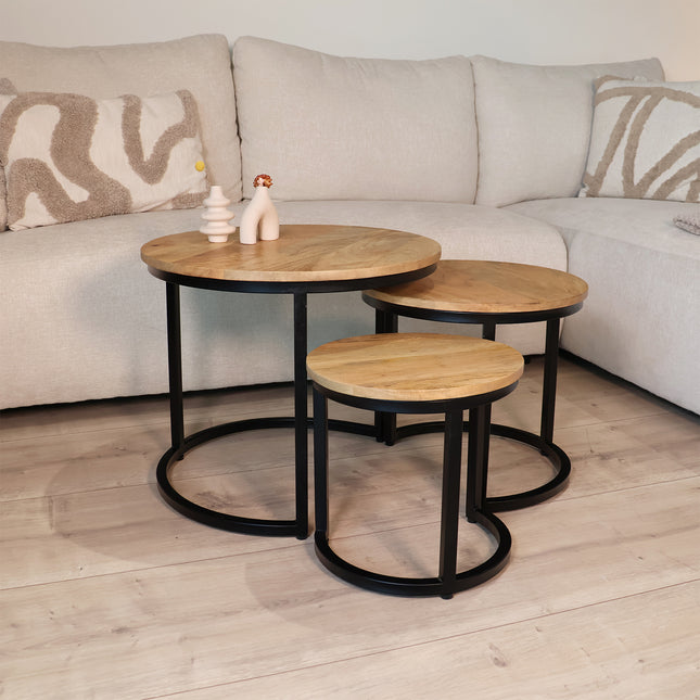 Salontafel rond 3delig lichtbruin mangohout Jaell