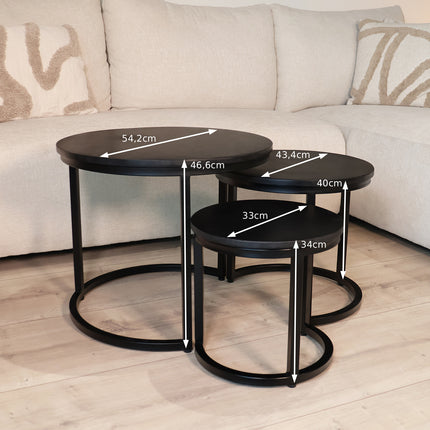 Salontafel rond 3delig zwart mangohout Jaell
