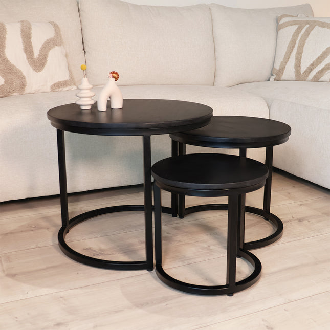 Salontafel rond 3delig zwart mangohout Jaell