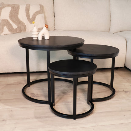 Salontafel rond 3delig zwart mangohout Jaell