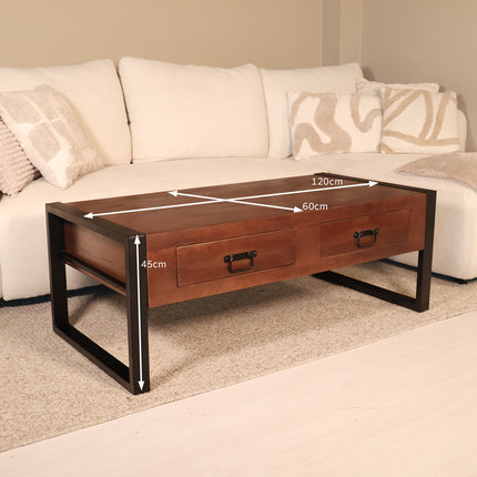 Salontafel rechthoekig met lades walnoot mangohout 120cm Kai