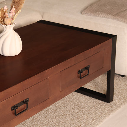 Salontafel rechthoekig met lades walnoot mangohout 120cm Kai