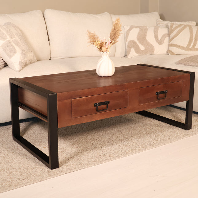 Salontafel rechthoekig met lades walnoot mangohout 120cm Kai