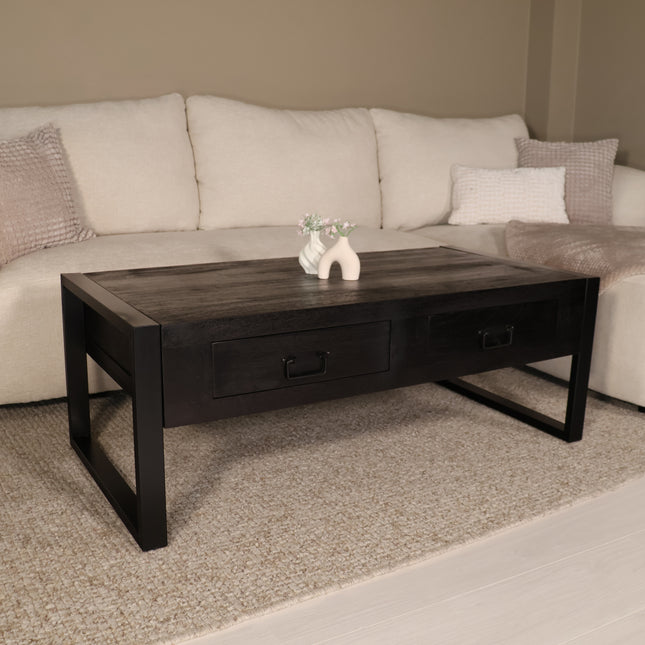 Salontafel rechthoekig met lades zwart mangohout 120cm Kai