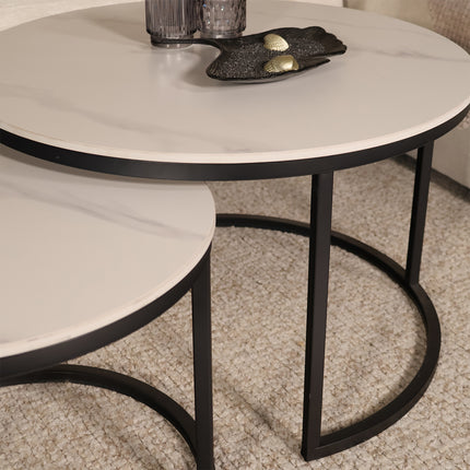Salontafel marmerlook rond 2delig wit steen Bero