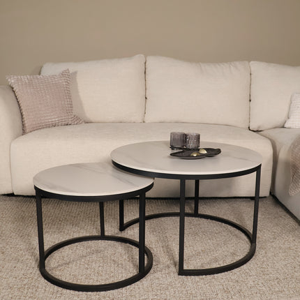 Salontafel marmerlook rond 2delig wit steen Bero