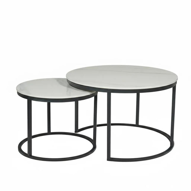 Salontafel marmerlook rond 2delig wit steen Bero