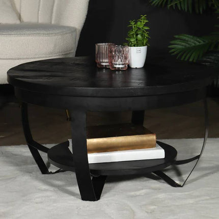 Salontafel rond mangohout zwart side table industrieel duurzaam massief hout mango bijzettafel