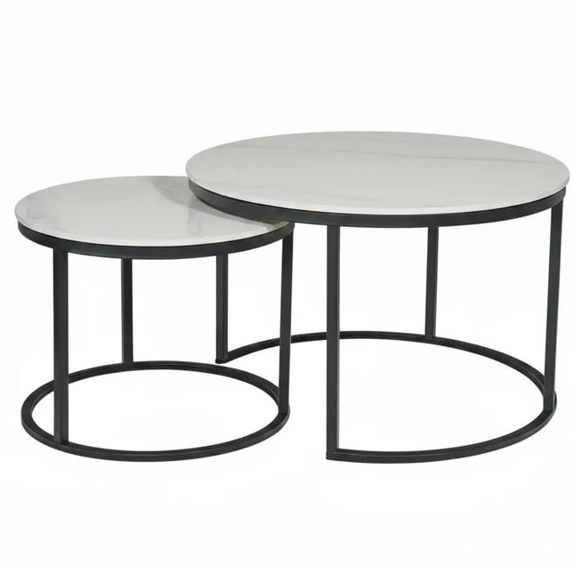 Salontafel marmerlook rond 2delig wit steen Bero