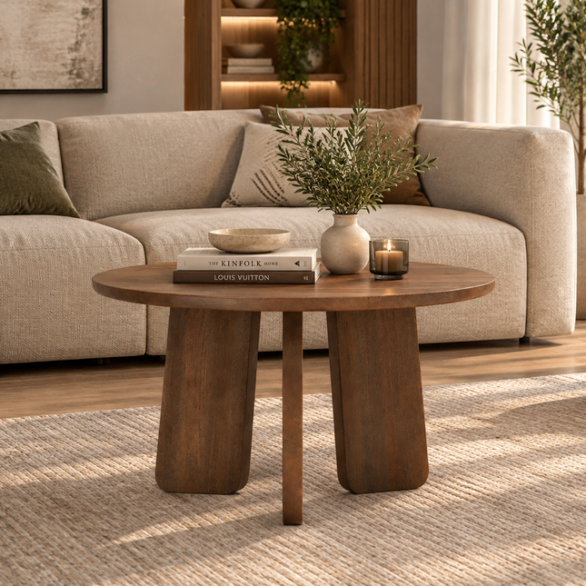 Salontafel Japandi rond 80cm walnoot mangohout Kiko