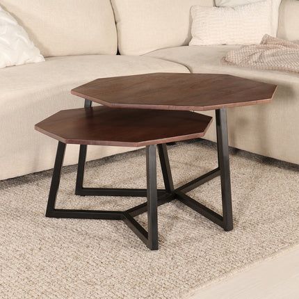 Salontafel octagon 2delig bruin mangohout Loes