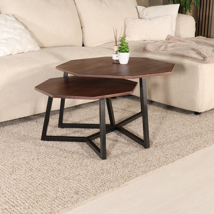 Salontafel octagon 2delig bruin mangohout Loes