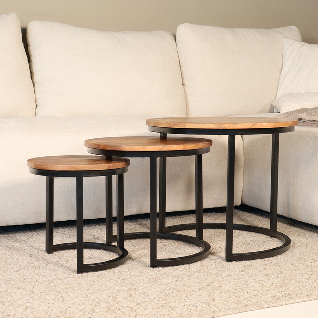 Salontafel rond 3delig bruin mangohout Jaell