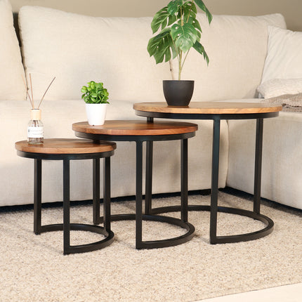 Salontafel rond 3delig bruin mangohout Jaell