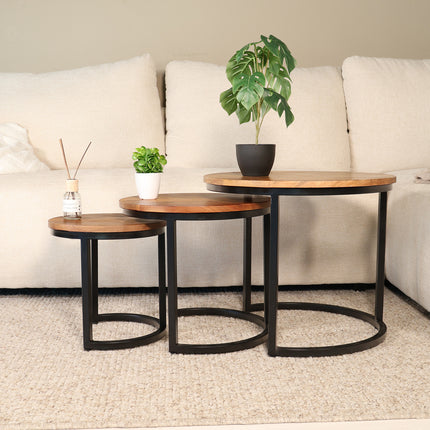 Salontafel rond 3delig bruin mangohout Jaell