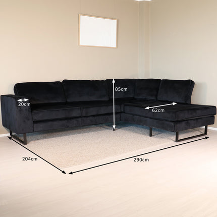 Hoekbank Puckerto zwart velvet 290cm rechts