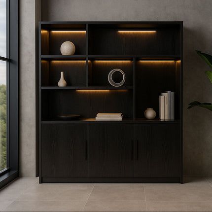 Vakkenkast zwart melamine 185cm Hanno