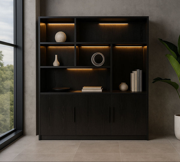 Vakkenkast zwart melamine 185cm Hanno