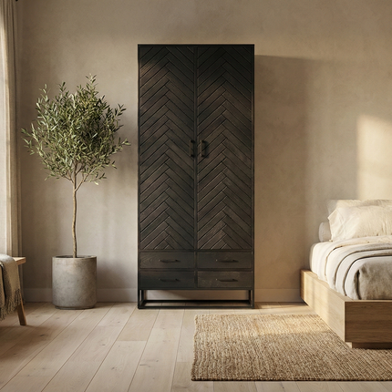 Visgraat kast zwart mangohout 200cm Bassie