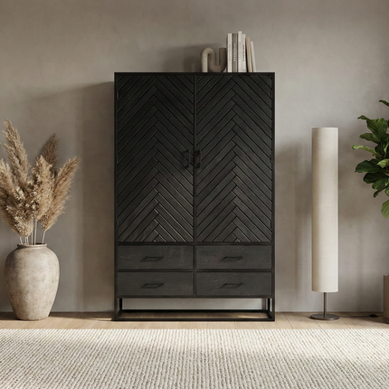 Visgraat kast zwart mangohout 180cm Flako