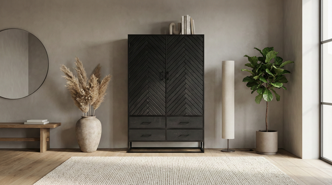 Visgraat kast zwart mangohout 180cm Flako