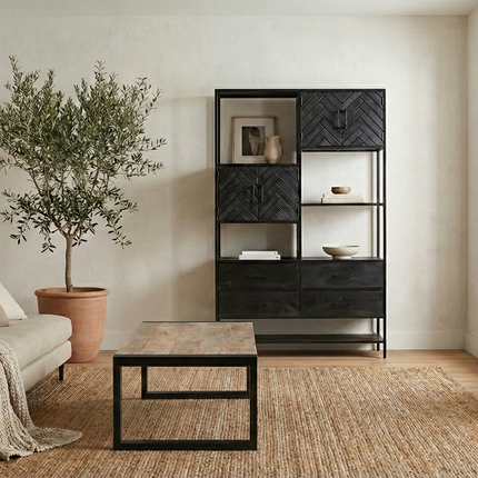 Visgraat vakkenkast zwart mangohout 190cm Ivy