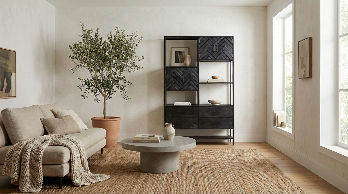 Visgraat vakkenkast zwart mangohout 190cm Ivy