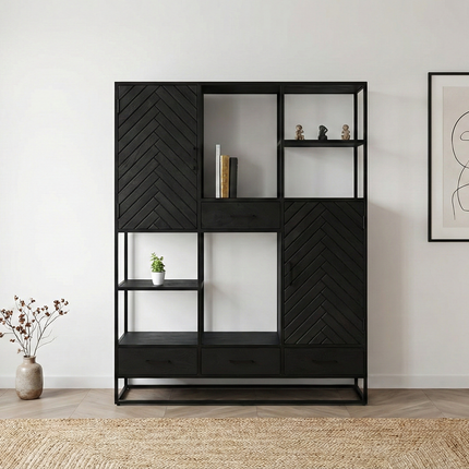 Visgraat vakkenkast zwart mangohout 180cm Lio