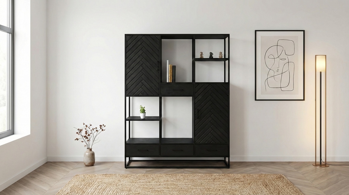 Visgraat vakkenkast zwart mangohout 180cm Lio