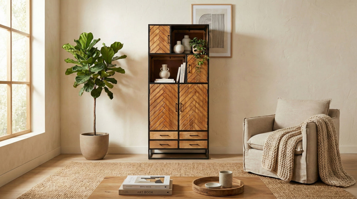 Visgraat vakkenkast bruin mangohout 200cm Paris